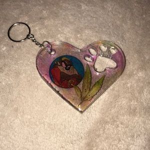 Custom epoxy red eyed TAZ heart with paw keychain with my favorite leaf 🍁